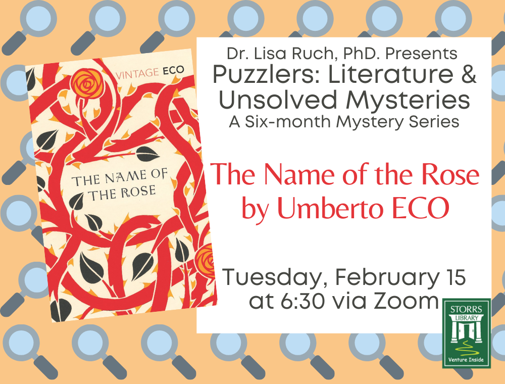 Flyer for Lisa Ruch Presents Puzzlers: Literature and Unsolved Mysteries