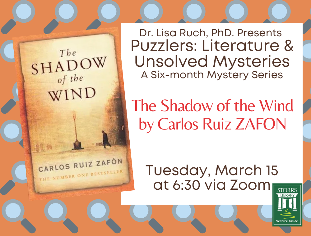 Flyer for Lisa Ruch Presents Puzzlers: Literature and Unsolved Mysteries
